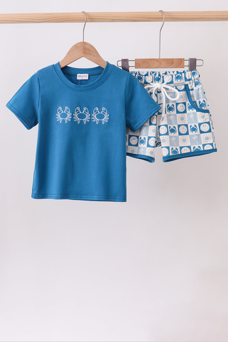 Blue Crab Embroidered Checkered Shorts Set