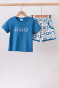 Blue Crab Embroidered Checkered Shorts Set