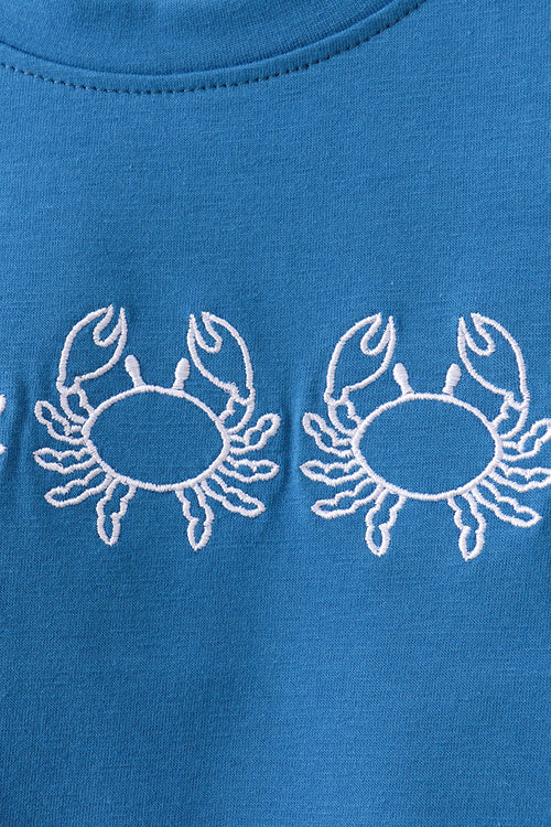 Blue Crab Embroidered Checkered Shorts Set