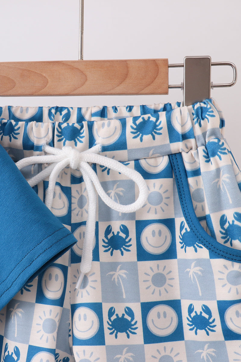 Blue Crab Embroidered Checkered Shorts Set