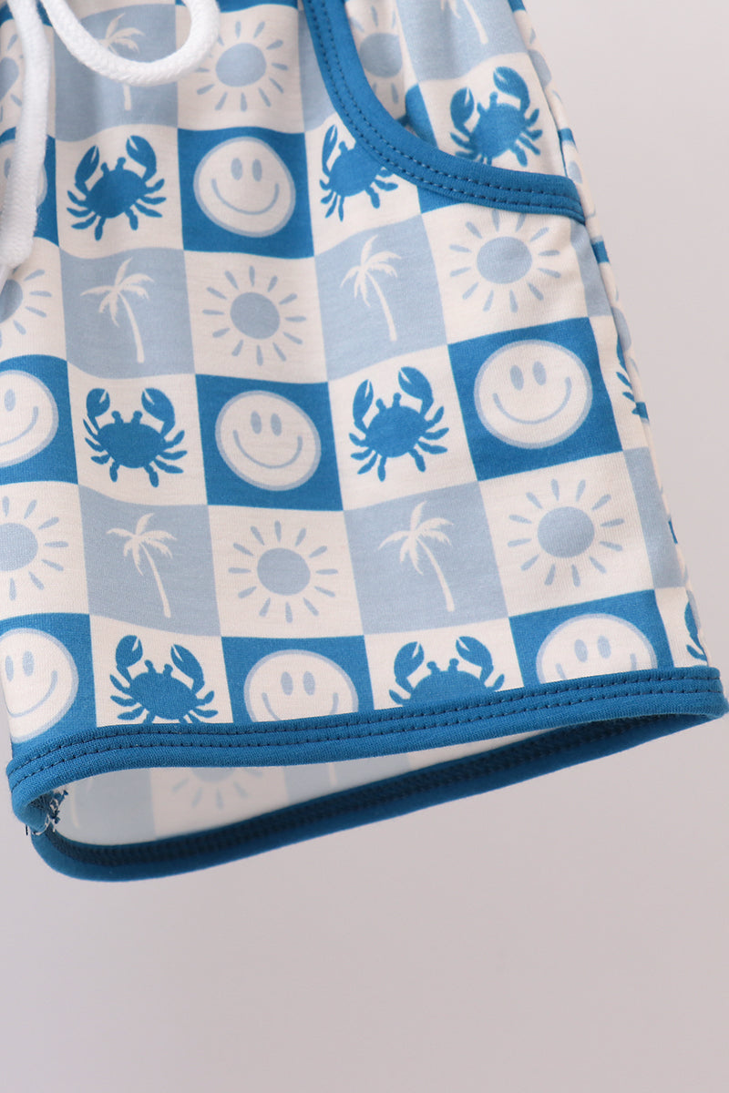 Blue Crab Embroidered Checkered Shorts Set