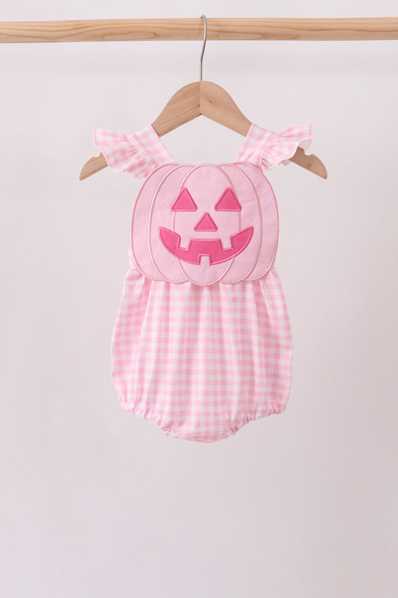 Pink Jack-O-Lantern  Applique Ruffle Gingham Bubble
