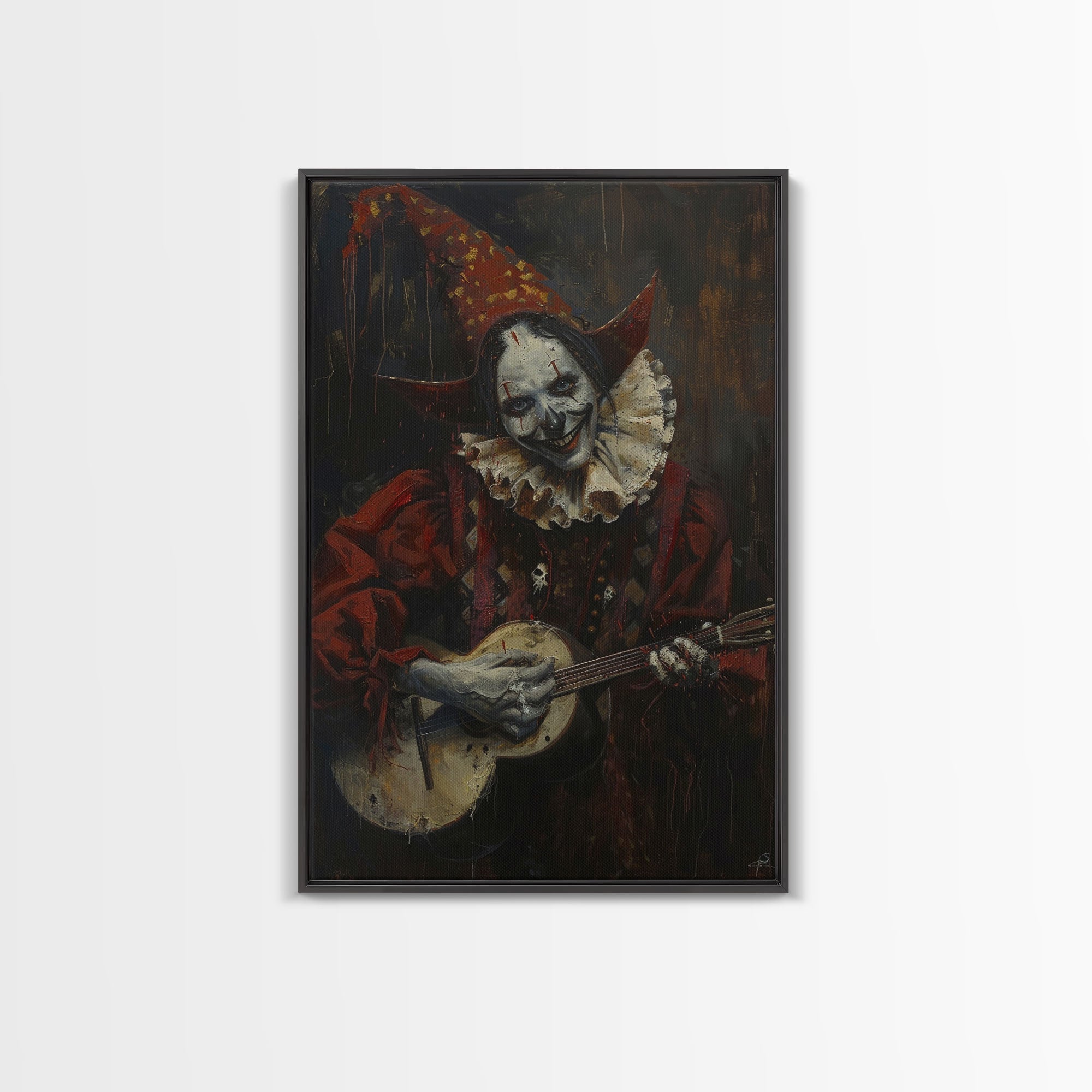Creepy Clown Playing Guitar, Framed Canvas Print, Spooky Circus Art, Halloween Wall Decor, Horror Clown Illustration, Creepy Home Decor
