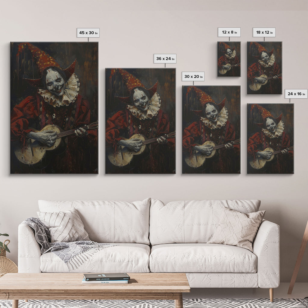 Creepy Clown Playing Guitar, Framed Canvas Print, Spooky Circus Art, Halloween Wall Decor, Horror Clown Illustration, Creepy Home Decor