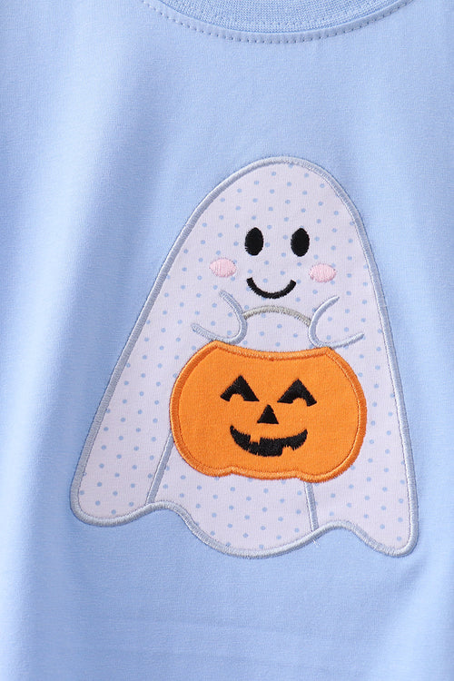 Blue ghost pumpkin embroidery top