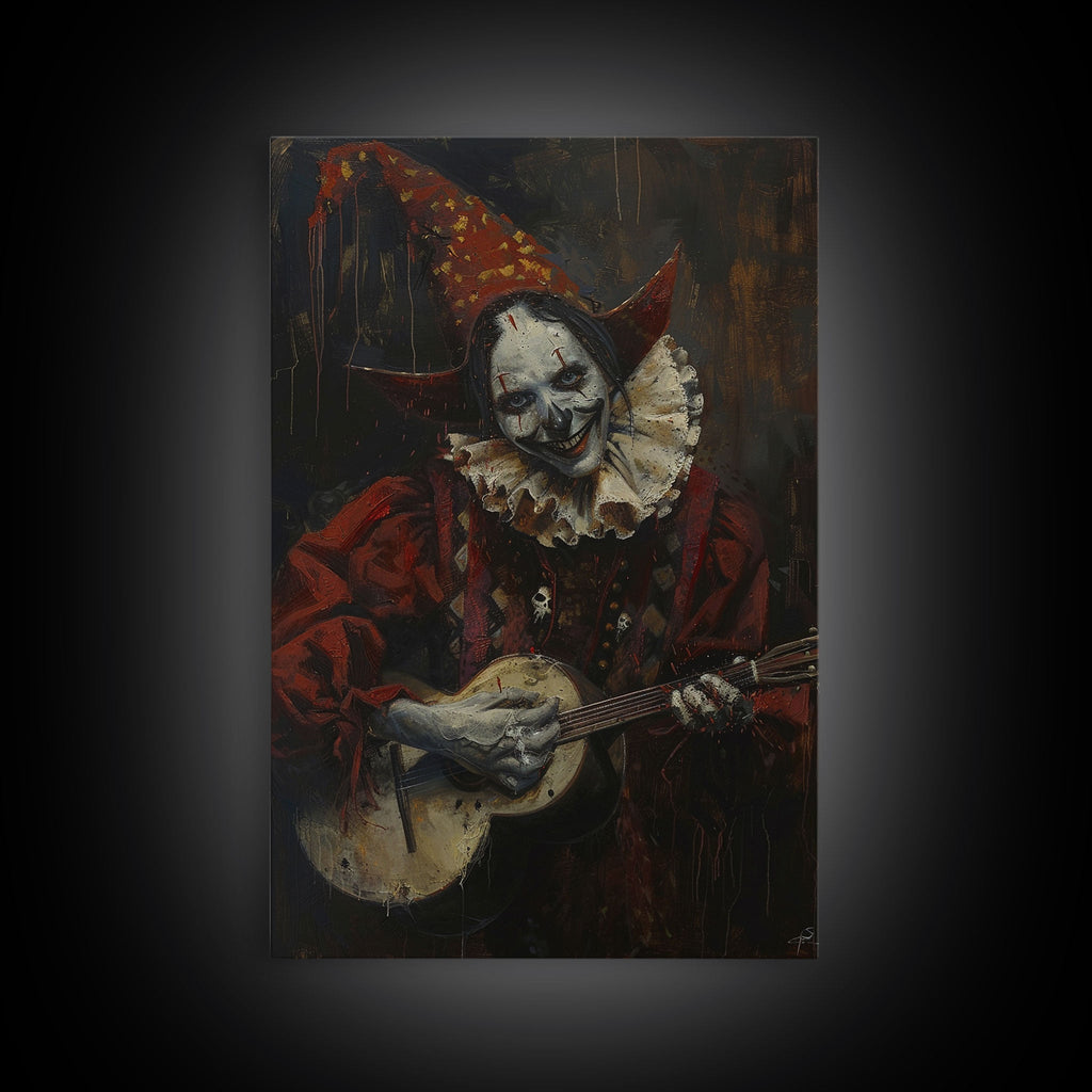 Creepy Clown Playing Guitar, Framed Canvas Print, Spooky Circus Art, Halloween Wall Decor, Horror Clown Illustration, Creepy Home Decor