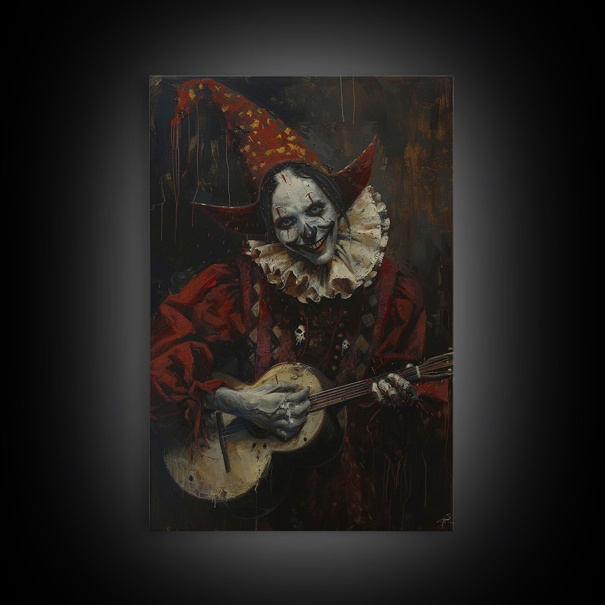 Creepy Clown Playing Guitar, Framed Canvas Print, Spooky Circus Art, Halloween Wall Decor, Horror Clown Illustration, Creepy Home Decor