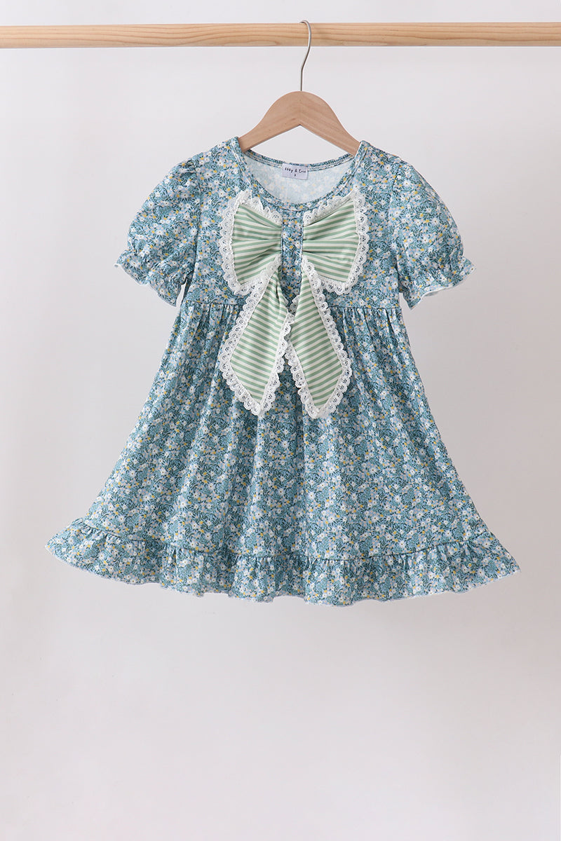 Teal Floral Lace Bow Dress