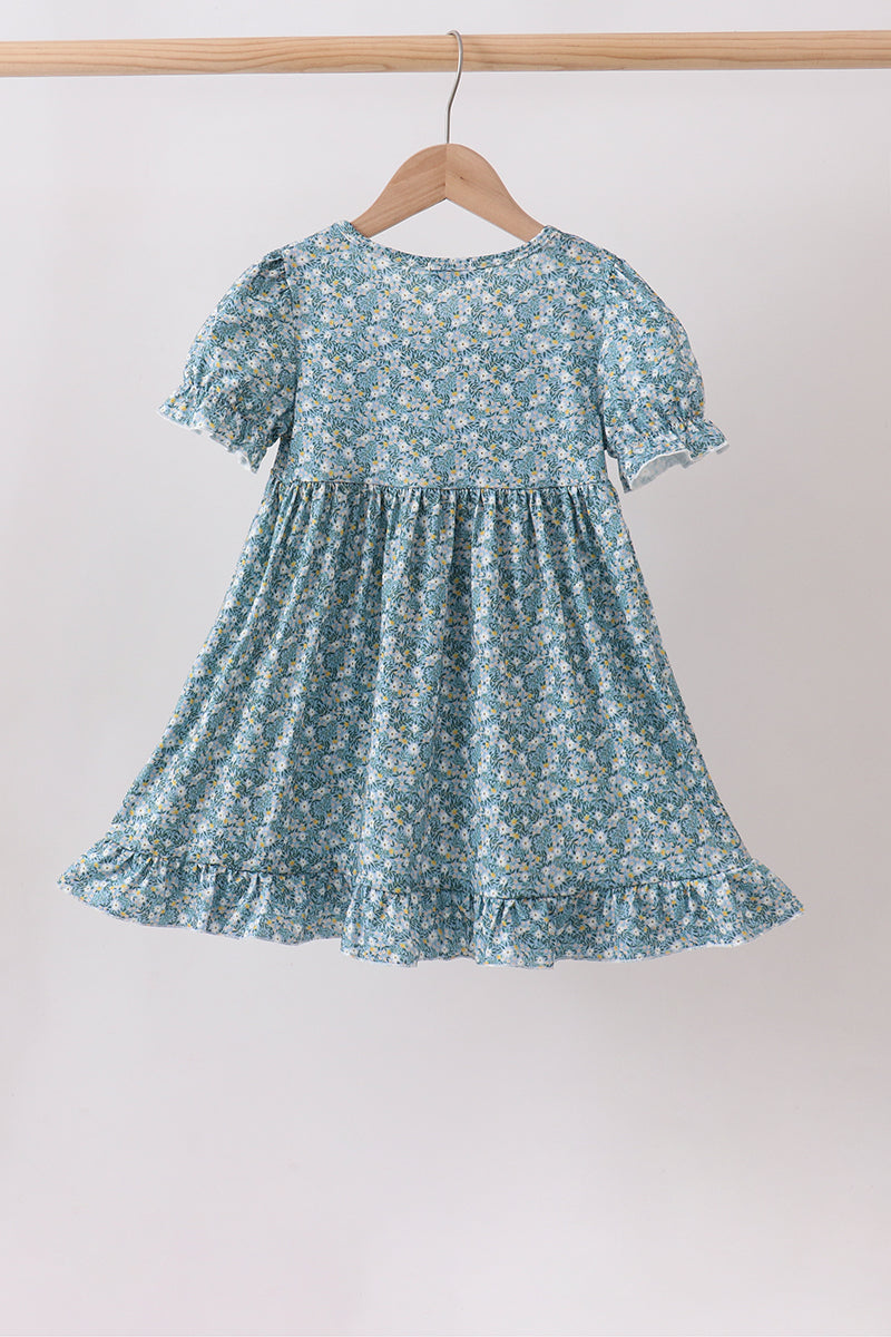 Teal Floral Lace Bow Dress