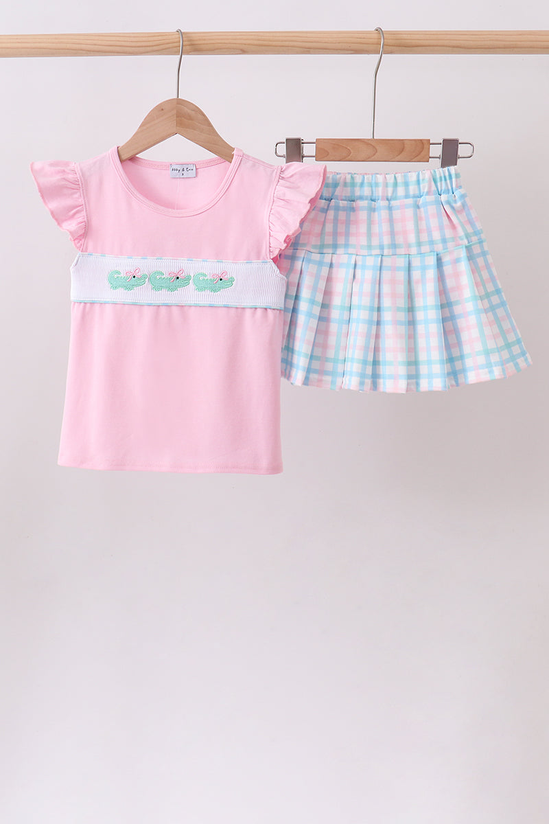 Pink Crocodile Smocked Skorts Set