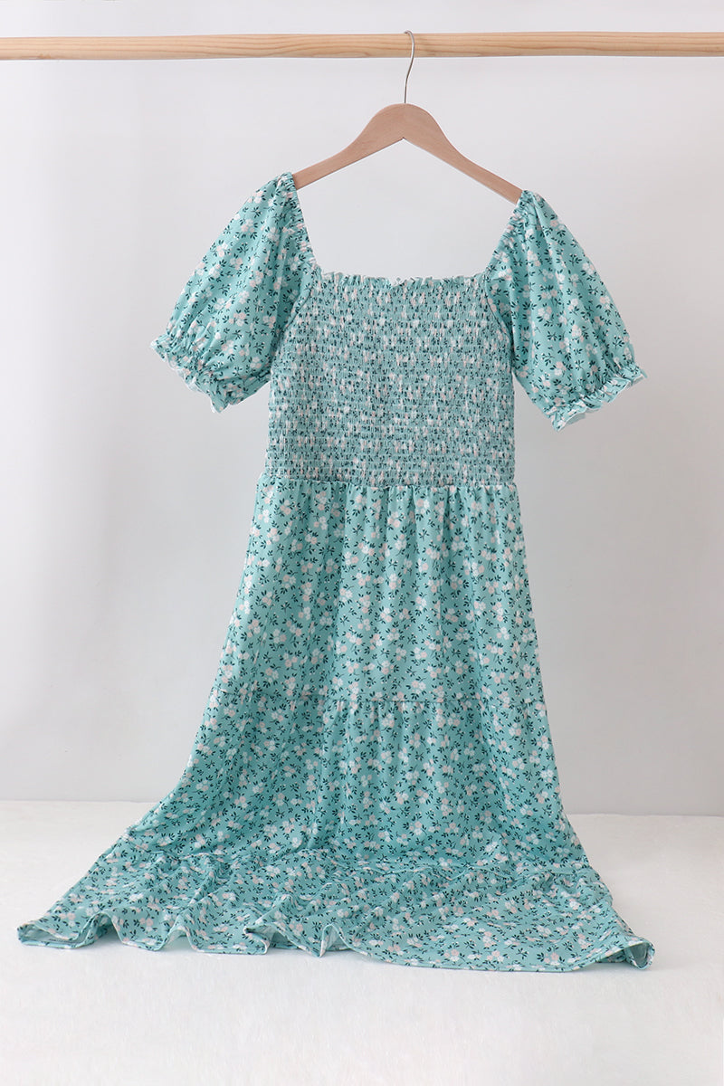 Green Floral Smocked Mom Dress