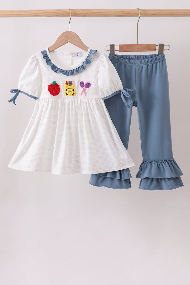 Blue Apple Crayon French Knot Ruffle Pants Set