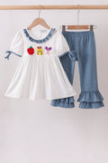 Blue Apple Crayon French Knot Ruffle Pants Set