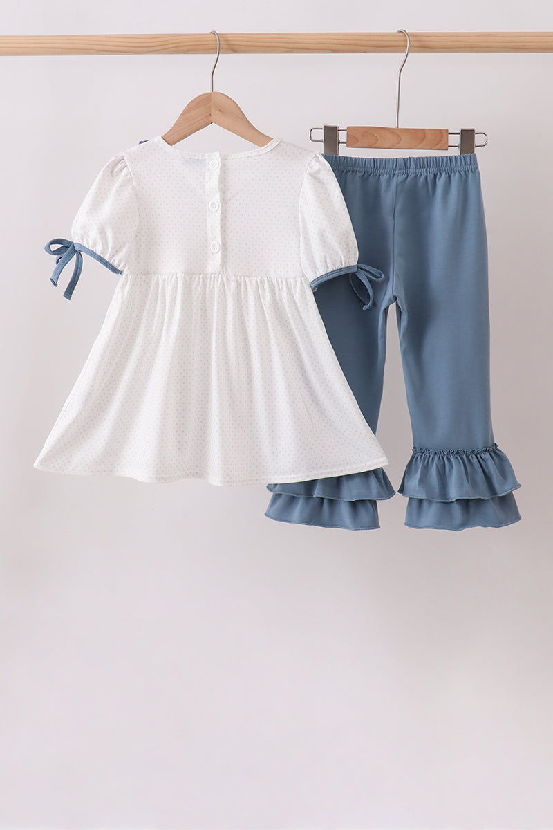 Blue Apple Crayon French Knot Ruffle Pants Set