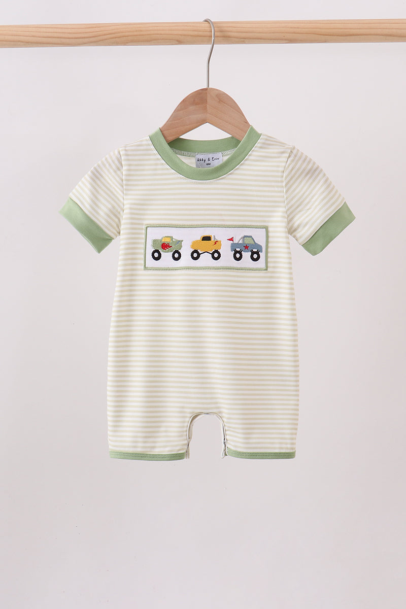 Monster truck embroidery stripe romper