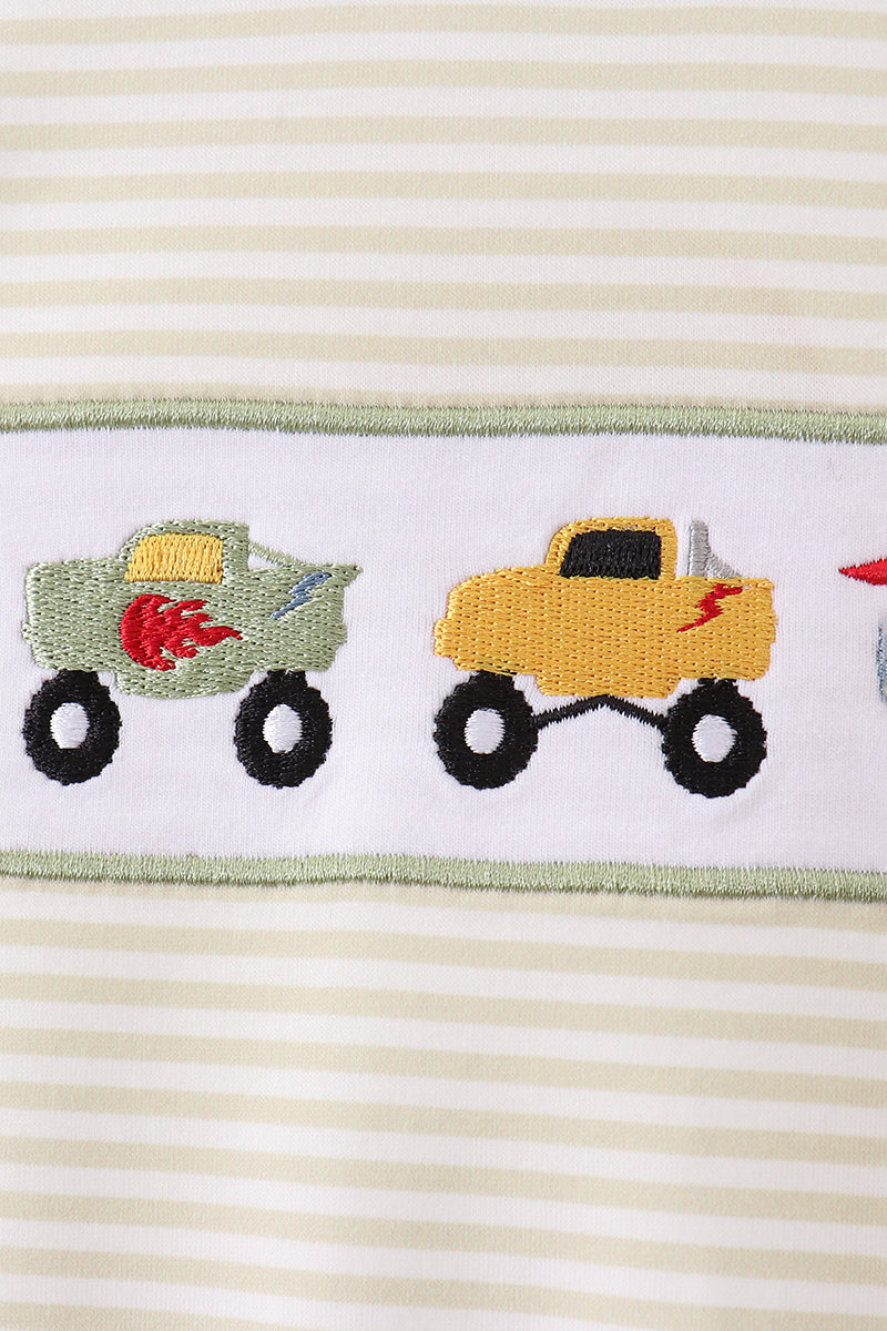 Monster truck embroidery stripe romper
